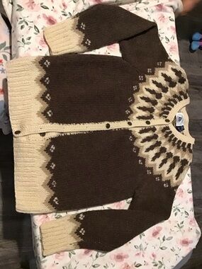Brown and Cream Nordic-Pattern Button-Up Cardigan
